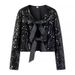 Trendy 3D Bow-Trim Short Jacket For Women - Glitter Detailing, A-Line Silhouette, Polyester-Spandex Blend (XS/S/M/L, Black/Red/Cream/Silver)_ecoleips.com