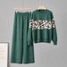 Women's Leopard Print Knit Two Piece Suit round Neck Long Sleeve Top with Casual Wide Leg Pants European American Style for Autumn Winter_ecoleips.com
