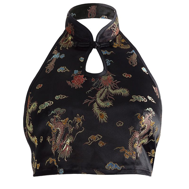 Foreign Trade European And American Cross-Border Sexy Backless Sleeveless Halter Neck Dragon Embroidery_ecoleips.com