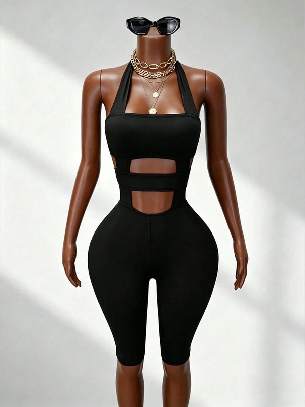 New 2026 Women's Solid Color Fitted Jumpsuit Casual Halter Neck Backless Sportswear Fashionable And Sophisticated_ecoleips.com
