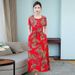 Summer Bohemian Long Waist Slimming Middle-aged Women 50 Mom Artificial Cotton Dress_ecoleips.com