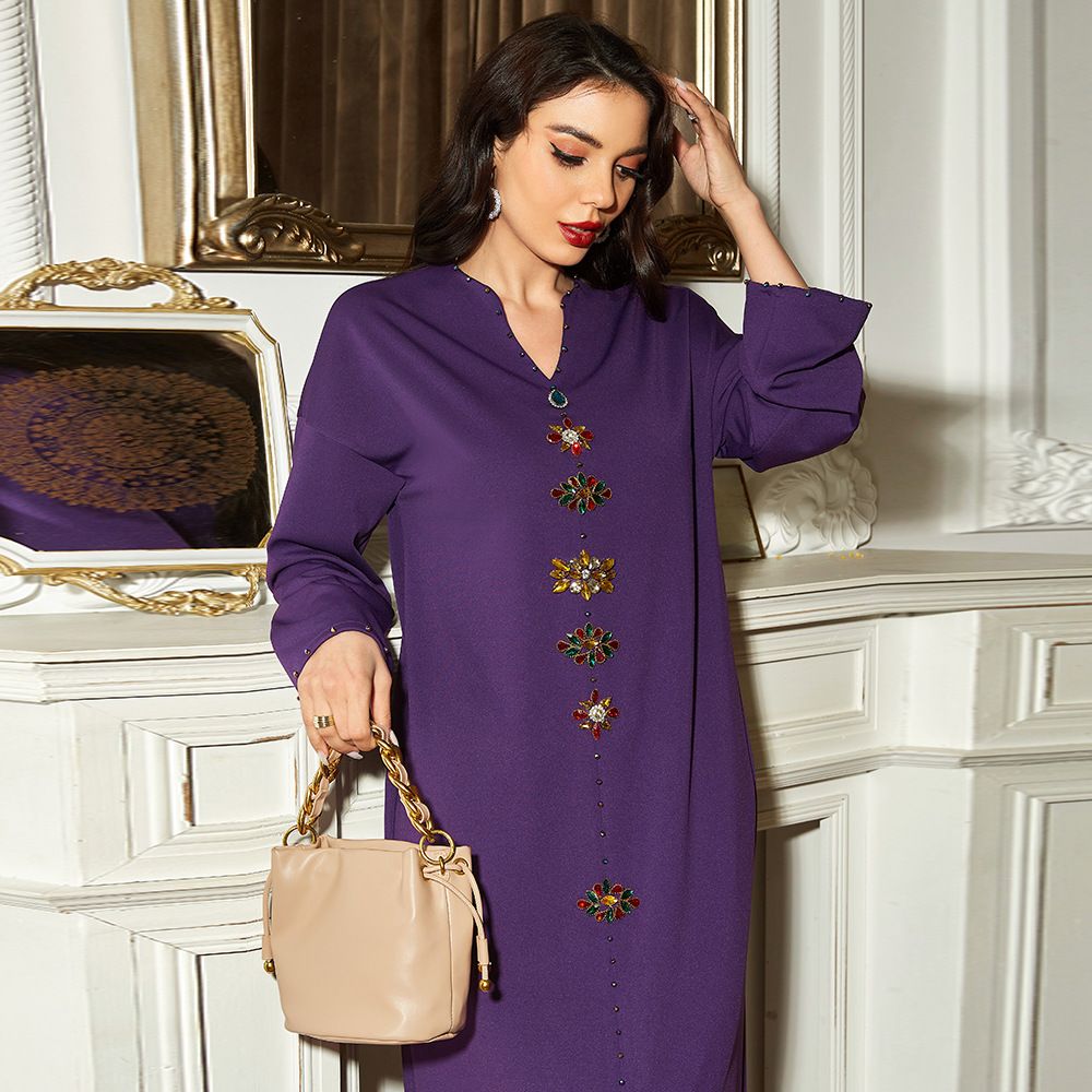 Deep Purple V-Neck Hand-Stitched Glass Rhinestone Elegant Slimming Dress For Women_ecoleips.com