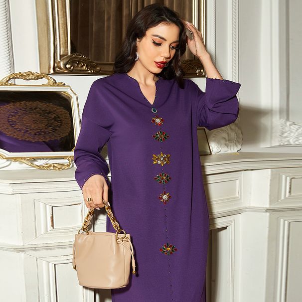 Deep Purple V-Neck Hand-Stitched Glass Rhinestone Elegant Slimming Dress For Women_ecoleips.com