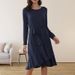 Women's Elegant Solid Color Long Sleeve Dress Slim Fit Crew Neck Mid Waist Belted Daily Evening Dresses_ecoleips.com