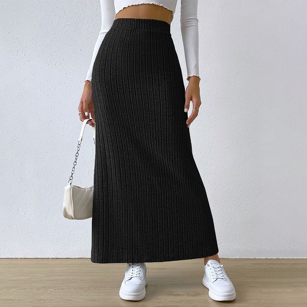 Voya Women's Fashion Minimalist Half Length Skirt Spring/Summer Pit Strip A-line High Waist Split Long Skirt_ecoleips.com