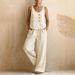 Women's Cotton Linen Two Piece Set Sleeveless Vest And Wide Leg Pants New 2026 Cross Border Available in Europe And America_ecoleips.com