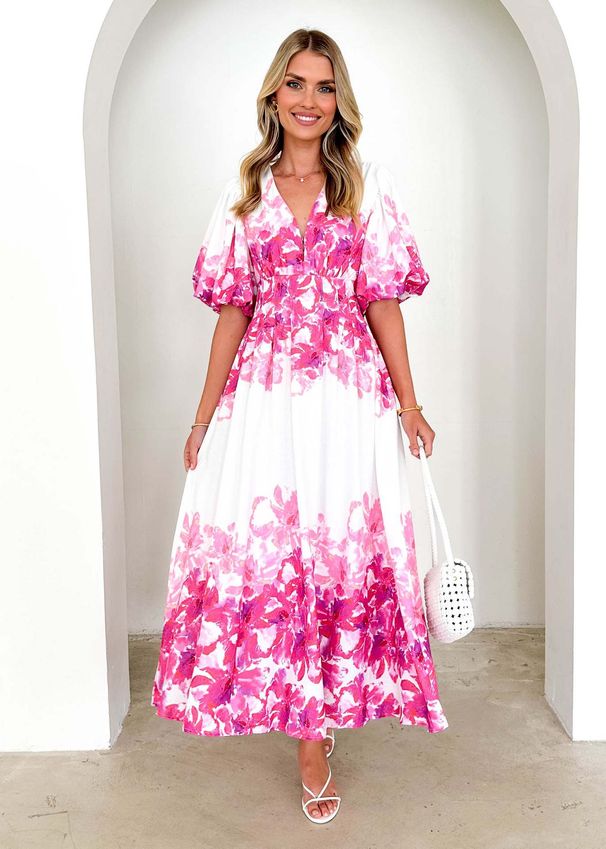 2025 New Spring Summer Puff Sleeve V-neck Women's With Printed Fairy Style Mid-length Elegant Flared Dress_ecoleips.com