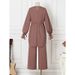 H730 Muslim Women's Solid Color Drawstring Tie Two-Piece Set Round Neck Top Wide-Leg Pants Elegant Ladies Suit_ecoleips.com
