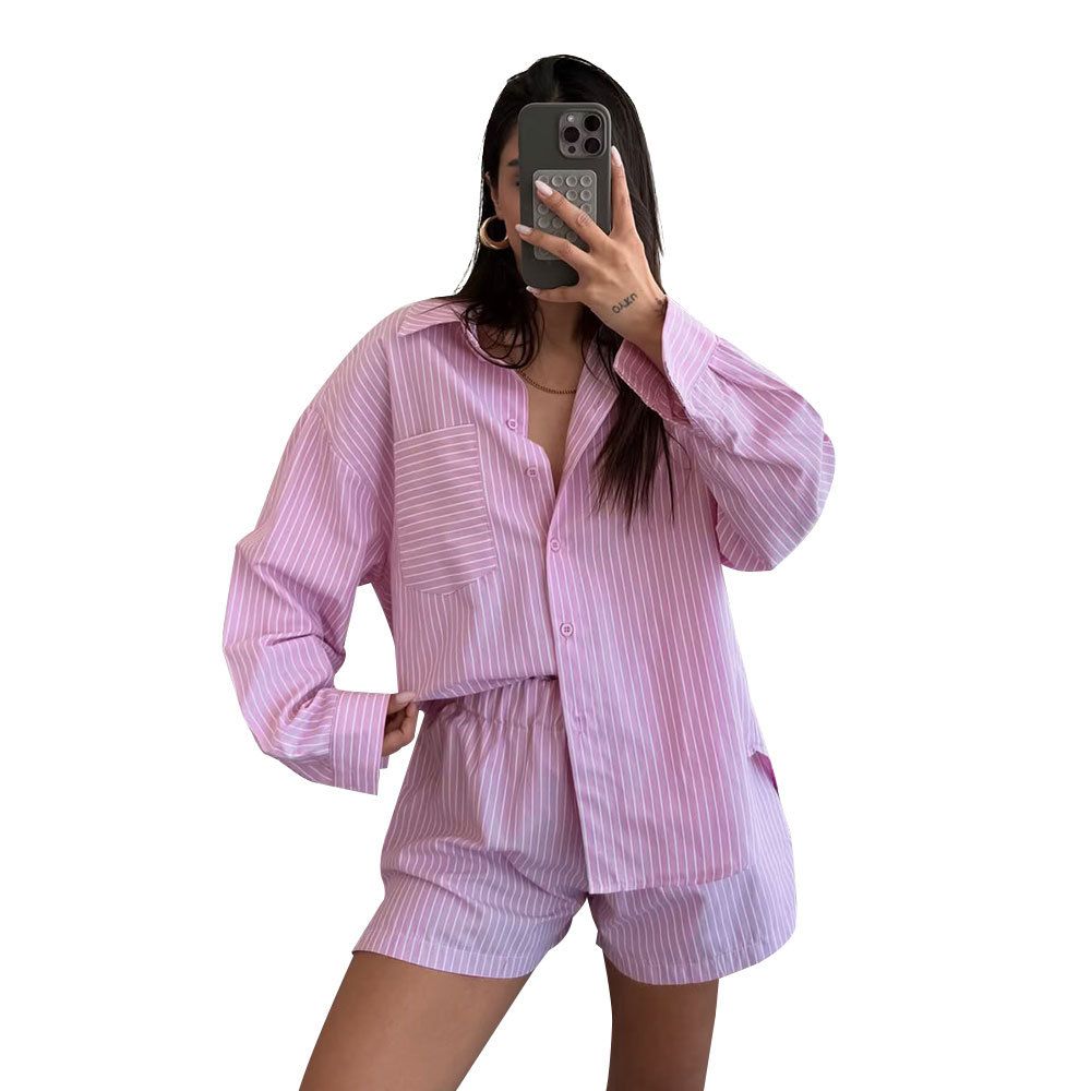 Women's Clothing Striped Cardigan Long Sleeved Ladies Shirt Suit Fashion Shorts Two Piece Suit_ecoleips.com