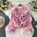 Women's Sweet Ruffled V Neck Blouse Trendy Niche Design Light Luxury Pleated Top for Spring And Autumn Vacation Style_ecoleips.com