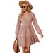 Autumn And Winter New Solid Color V-neck Loose Pleated Splicing Long-sleeved Dress_ecoleips.com
