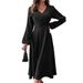 Voya Women's French Style V-neck Dress With Elegant Temperament In Autumn And Winter, A-line High Waist Mid Length Skirt_ecoleips.com