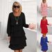 Elegant Flowy Cake Dress For Women - Comfortable Loose Fit Round Neck Long Sleeve Midi Dress In Solid Colors_ecoleips.com