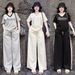 Women's Clothing American Style Fashion Women's Two Piece Suit V Neck Embroidered Top Side Stripes High Waisted Wide Leg Pants Relaxed Fit_ecoleips.com