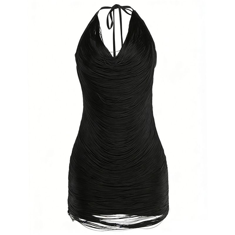 Women's Tassel Halter Neck Deep V Neck Bodycon Dress Fashion Sexy Hot Girl Autumn Winter European American Style_ecoleips.com