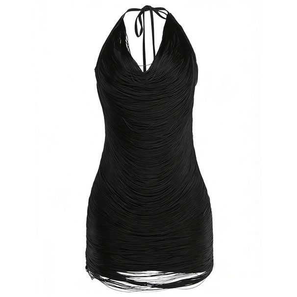 Women's Tassel Halter Neck Deep V Neck Bodycon Dress Fashion Sexy Hot Girl Autumn Winter European American Style_ecoleips.com