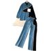 Vintage Hong Kong Style Casual Outfit For Women: Korean Version Color-Block Denim Shirt + High-Waisted Loose Wide-Leg_ecoleips.com