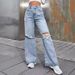 new white embroidered early autumn letter high waisted jeans, versatile pants, slimming wide leg straight leg pants_ecoleips.com