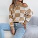 Autumn And Winter New Casual Off-shoulder Color-blocking Plaid Lantern Long-sleeve Sweater Women's Clothing_ecoleips.com