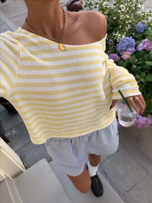 Chic Striped Short Top For Women, Comfortable Knit Long Sleeve Cropped Blouse, Casual Relaxed Fit Pullover_ecoleips.com