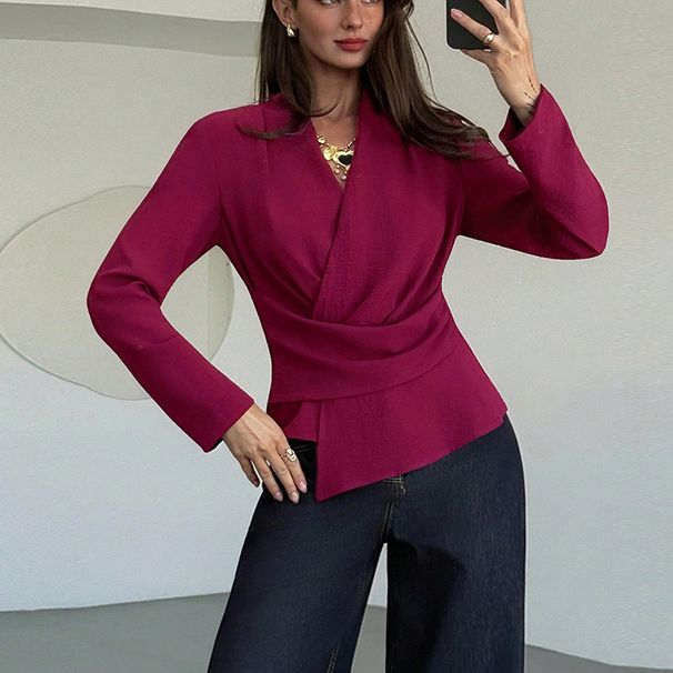 Autumn French-Style Solid-Color Long-Sleeved Shirt With Waistband For Slimming Effect, Wholesale Ice-Vein Crepe Lined Sh_ecoleips.com