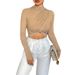 Voya Women's Fashion Temperament Elegant Slim Fit Half High Neck Long Sleeved Exposed Navel Solid Color T-shirt Women's Short Style Pullover_ecoleips.com