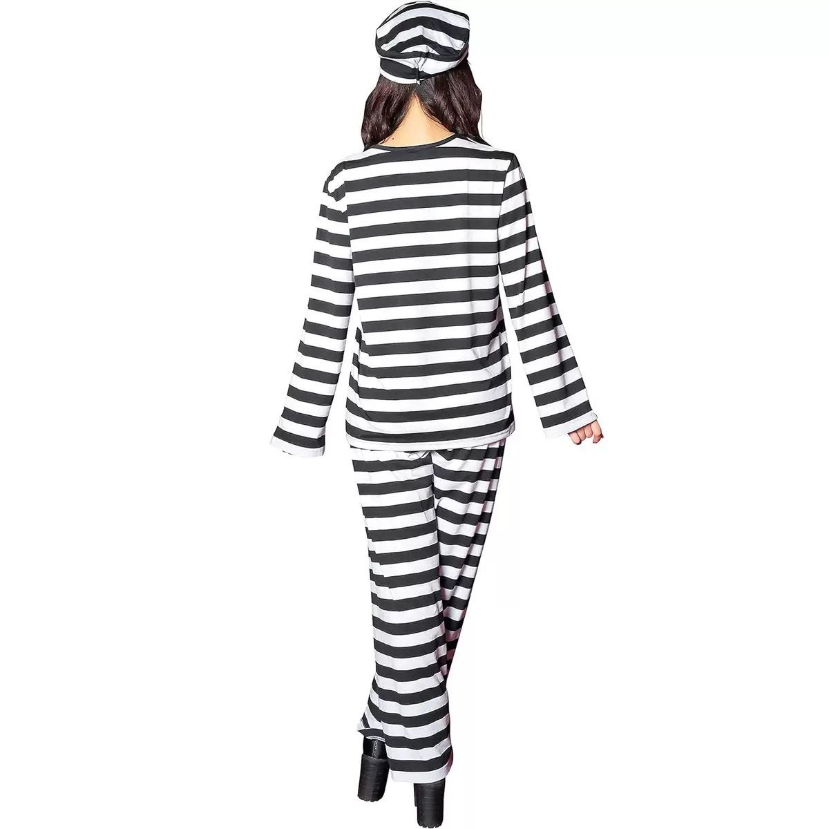 Unisex Halloween Cosplay Prisoner Costume Black And White Striped Set with Hat for Parties Dances Performances_ecoleips.com