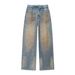 Women's Fashion Casual Mid Waist Wide Leg Ripped Cuff Jeans Rhinestones Sparkling Details Clothing_ecoleips.com