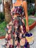 K New Women's Beach Side Fake Style Print Two-piece Set With Suspender Top, Cake Skirt, Long Skirt Set_ecoleips.com