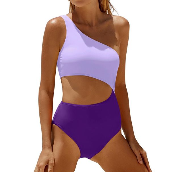 Women's Clothing Swimsuit New One Shoulder Sexy Splicing Contrast Color One Piece Swimsuit Swimsuit Solid Color Swimsuit_ecoleips.com