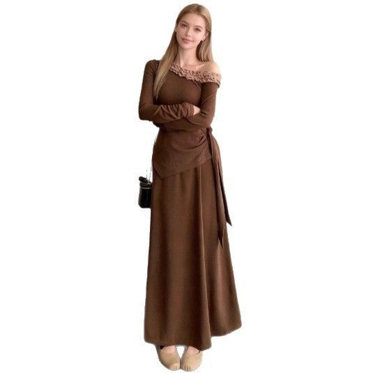 Women's 2 Piece One Shoulder Long Sleeve Top And High Waist Asymmetrical Midi Skirt Set – Slimming Fall Winter Outfit_ecoleips.com
