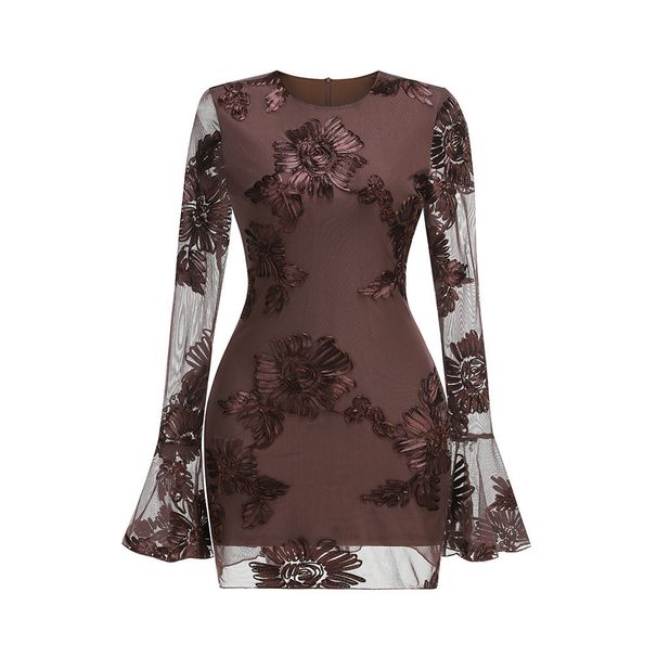 Women's Sexy Embroidered Lace Bodycon Dress American Fashion Design Flared Long Sleeved Short Dress_ecoleips.com