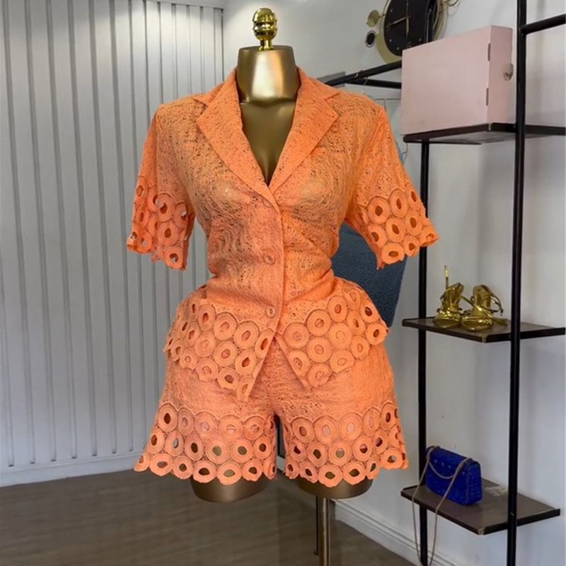 Women's Clothing Summer New Fashion Lapel Hollow Short Sleeved Shirt Wide Leg Shorts Casual Suit_ecoleips.com