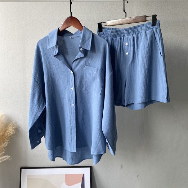 Vintage-Inspired Linen Cotton Two-Piece Set For Women - Relaxed Fit High-Waisted Shorts & Oversized Shirt, White/Pink/Light Green/Navy/Beige/Green_ecoleips.com
