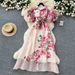 French-Inspired Floral Print Dress – Tiered Tulle Skirt With Corset Lacing & Lantern Sleeves (S-XXL)_ecoleips.com