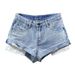 Women's Light Blue Rolled Cuff Denim Shorts, Distressed Casual Jean Shorts With White Inner Layer, Low Waist Summer Streetwear Shorts For Daily Outdoo_ecoleips.com