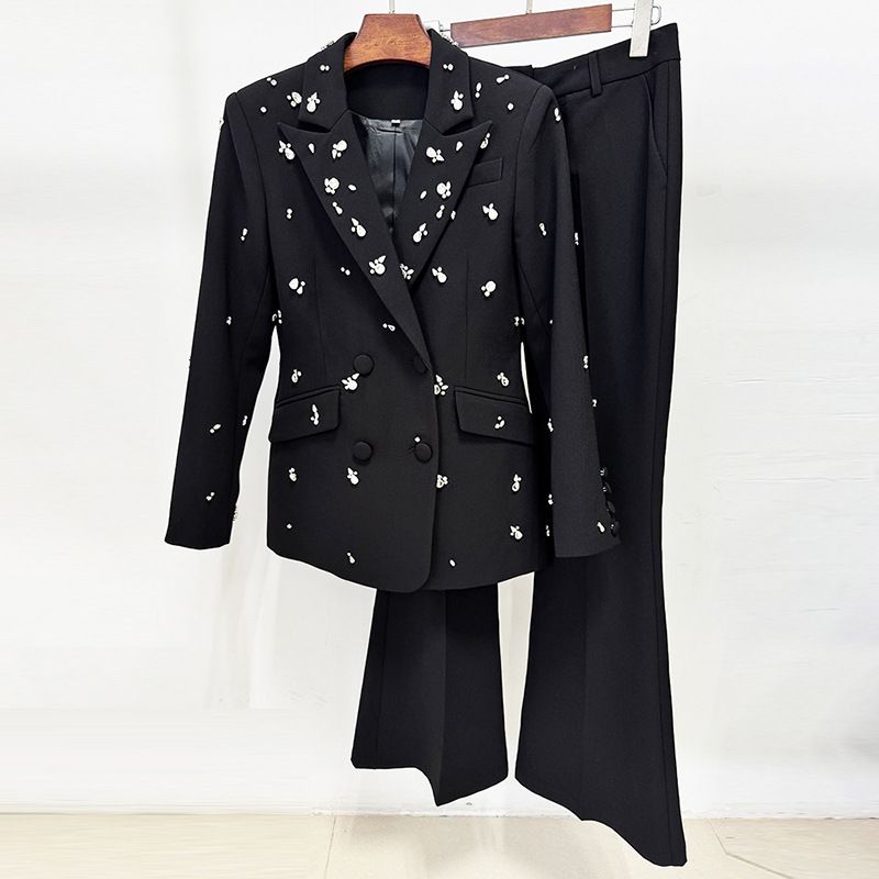Elegant Rhinestone Embellished Slim Fit Blazer & Pants Suit Set For Women - Formal & Party Wear Two-Piece Outfit_ecoleips.com