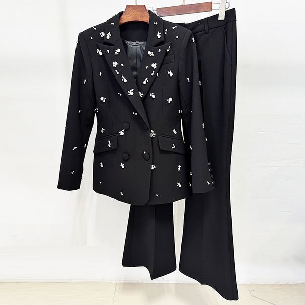 Elegant Rhinestone Embellished Slim Fit Blazer & Pants Suit Set For Women - Formal & Party Wear Two-Piece Outfit_ecoleips.com