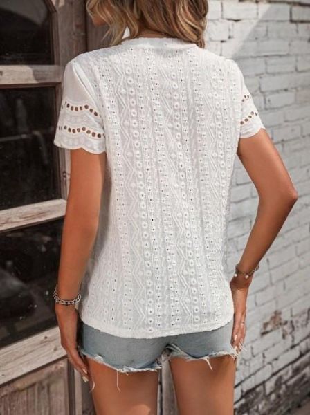 Women's Clothing Simple Solid Color V Casual Short Sleeved Shirt_ecoleips.com