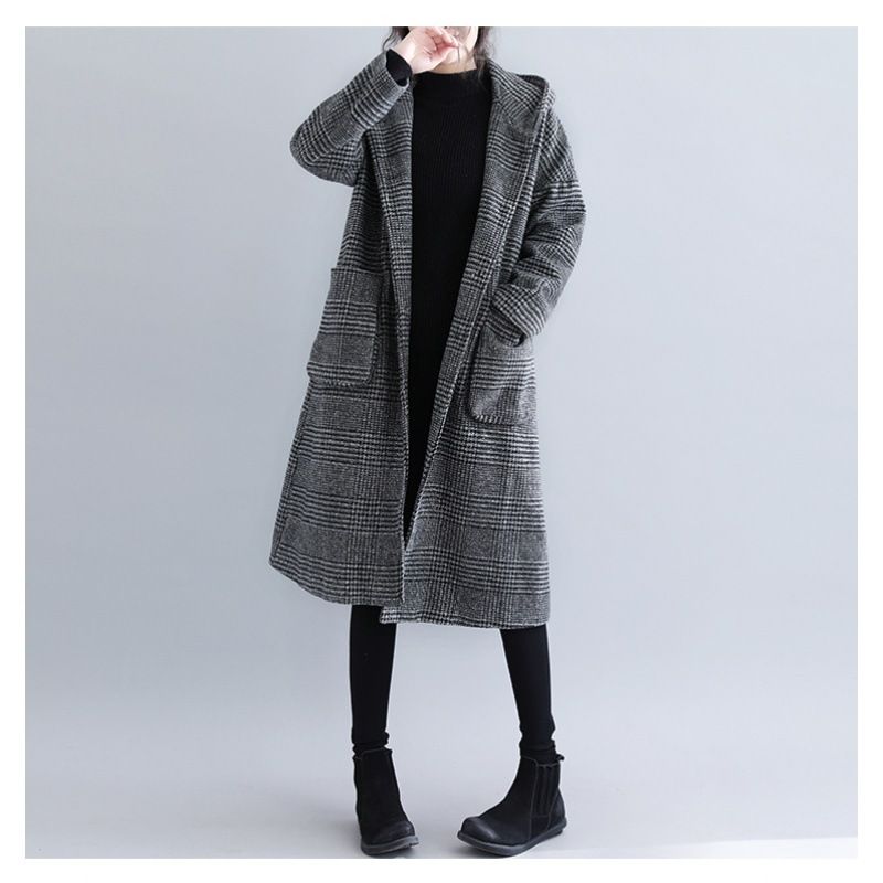 Women's Houndstooth Wool Coat - Thickened Winter Trench Coat With Hood For Office & Casual Outfits_ecoleips.com