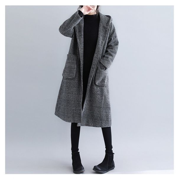 Women's Houndstooth Wool Coat - Thickened Winter Trench Coat With Hood For Office & Casual Outfits_ecoleips.com