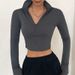 Women's Clothing Spring Fashion Women's New Long Sleeved Zipper Half Open Collar Exposed Navel All Match Slim T Shirt_ecoleips.com