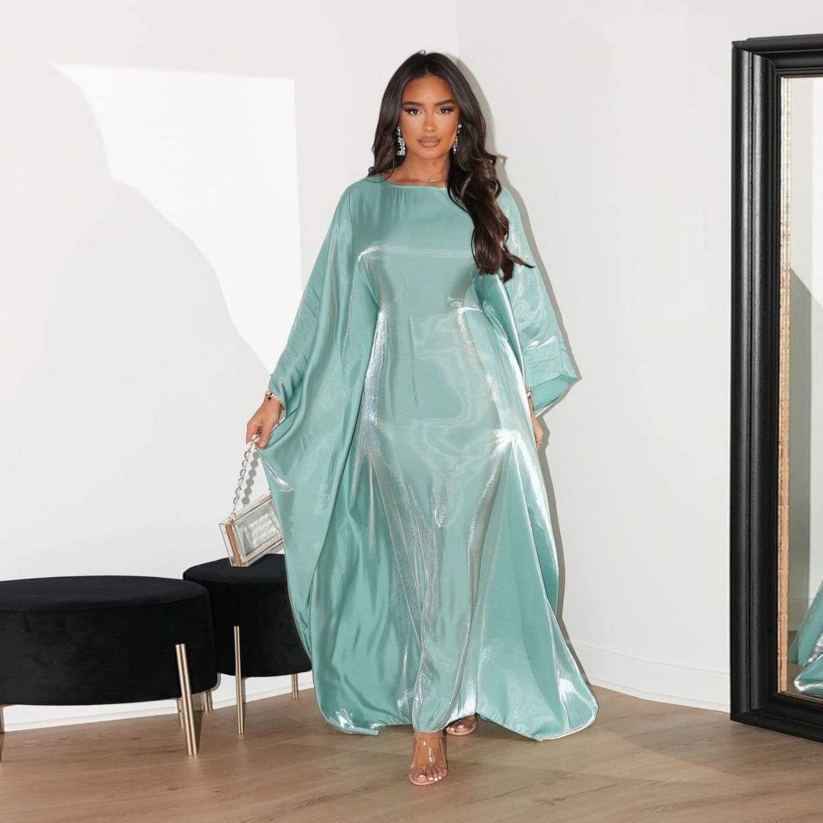 Elegant Shimmering Satin Long Dress With Batwing Sleeves & Ethnic Tribal Design - Loose Fit, Available In 6 Vibrant Colors_ecoleips.com
