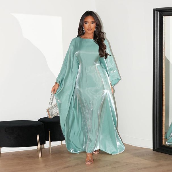 Elegant Shimmering Satin Long Dress With Batwing Sleeves & Ethnic Tribal Design - Loose Fit, Available In 6 Vibrant Colors_ecoleips.com