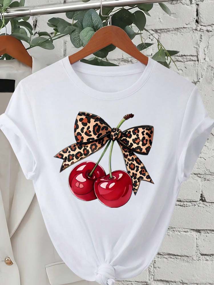 Fashion Cherry Print Women T-Shirt Short Sleeve Crew Neck Casual Tops For Summer Spring Women's Clothing Tops Tees_ecoleips.com