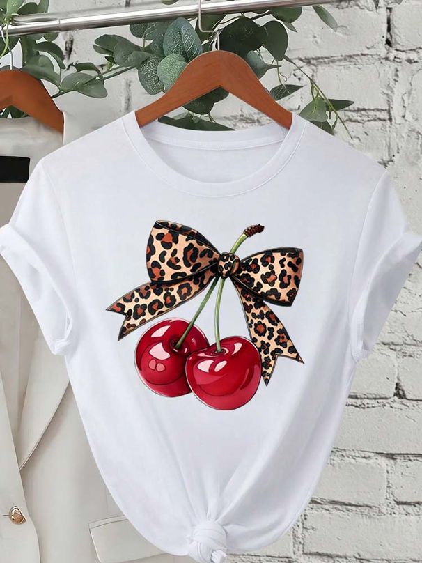 Fashion Cherry Print Women T-Shirt Short Sleeve Crew Neck Casual Tops For Summer Spring Women's Clothing Tops Tees_ecoleips.com