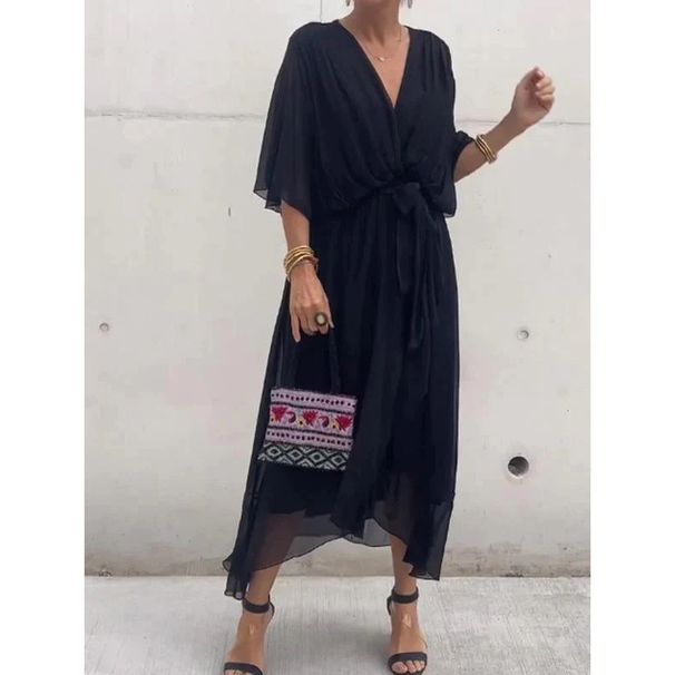 Women's Solid Color Belted Batwing Sleeve Asymmetrical Hem Maxi Dress – Casual Boho Summer Gown 2026_ecoleips.com