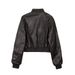 Vintage Inspired Stand Collar Relaxed Fit Aviator Jacket For Women, Casual Loose Outerwear, Polyester Blend, Black & Dark Brown_ecoleips.com