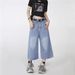 American Loose Fit Washed Vintage Cropped Denim Shorts For Women High Design Wide Leg Mid-Length Pants Street Style_ecoleips.com