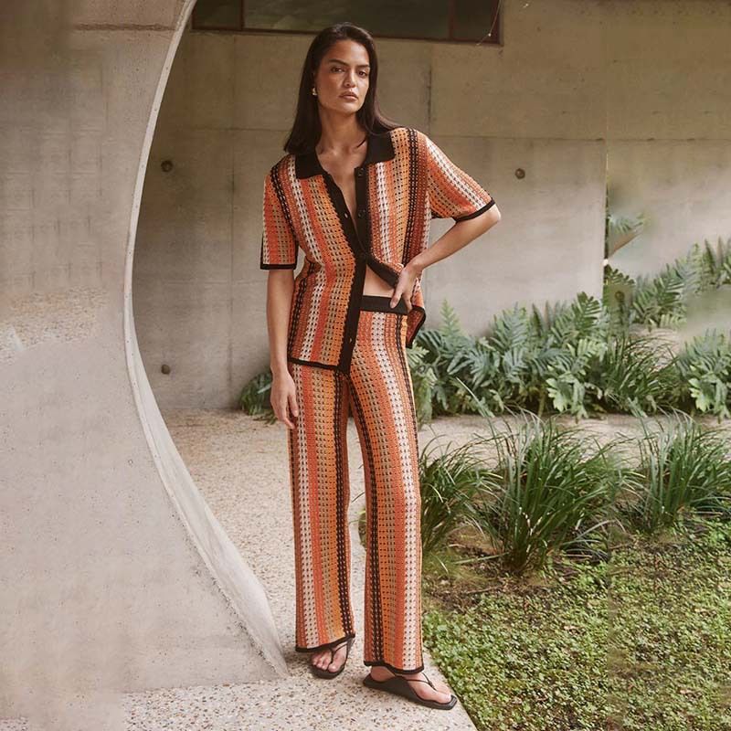 Vintage Stripe Knit Lounge Set For Women - Long Pants & V-Neck Tunic Dress - Retro Casual Outfit (Black & Orange, S/M/L)_ecoleips.com